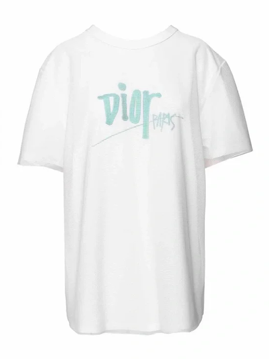 Dior White Tee with Mint Script Logo - Picture 1 of 6